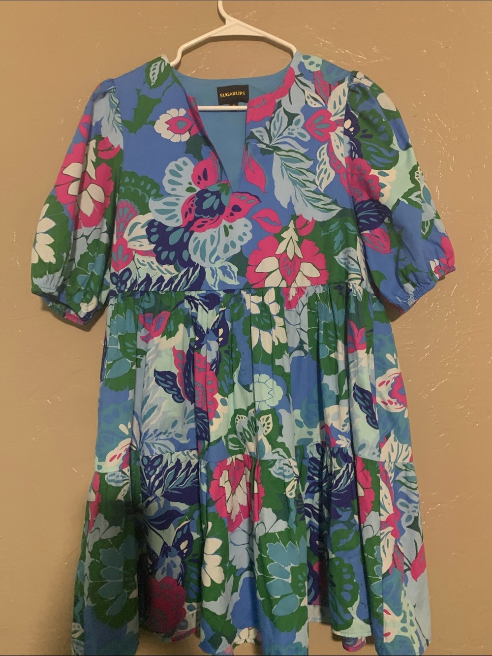 Sugarlips Blue Floral Puff-Sleeve Tiered Dress with Pink & Green Accents